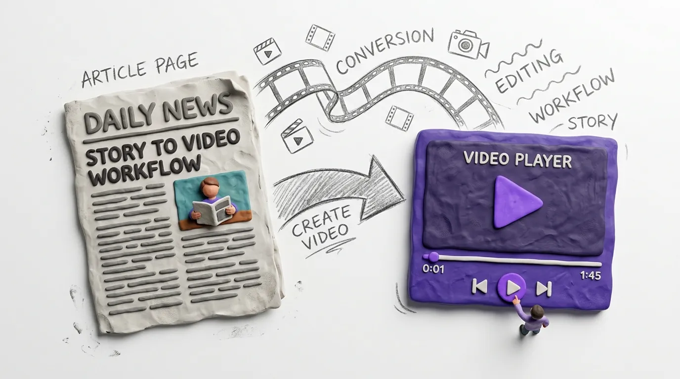 Pictory article-to-video workflow interface in clay-sketch style