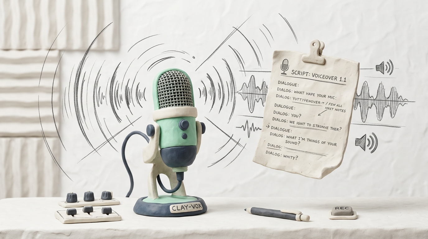 Lovo voice selection and script editor interface in clay-sketch style